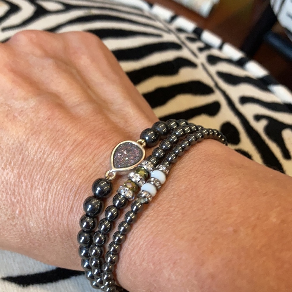 Stackable Gunmetal Beaded Bracelets. One Druzy Ch… - image 2